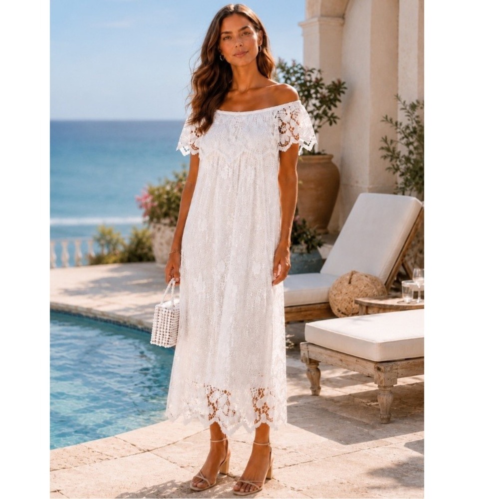 Tuckernuck White Avalon Lace Maxi Dress Off The Shoulder Cotton Size Small NWT
